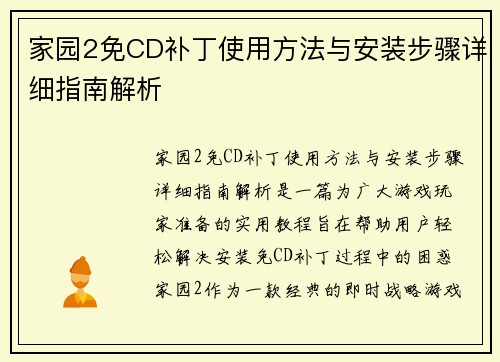 家园2免CD补丁使用方法与安装步骤详细指南解析